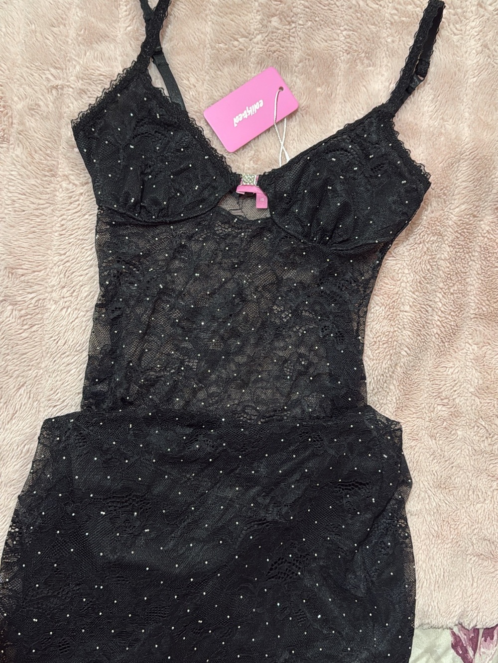Edikted Black Lace Rhinestone-Embellished Chemise